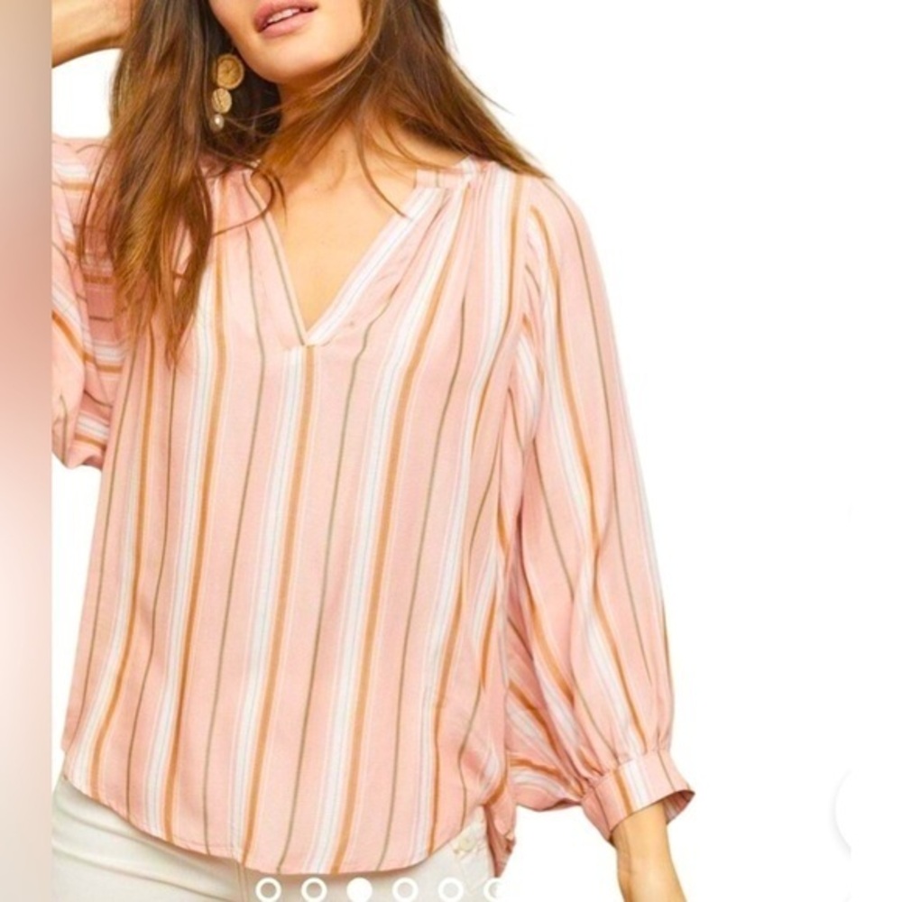 Anthropologie Maeve Brenda Peasant Balloon Pink & Green Striped V-Neck Blouse S